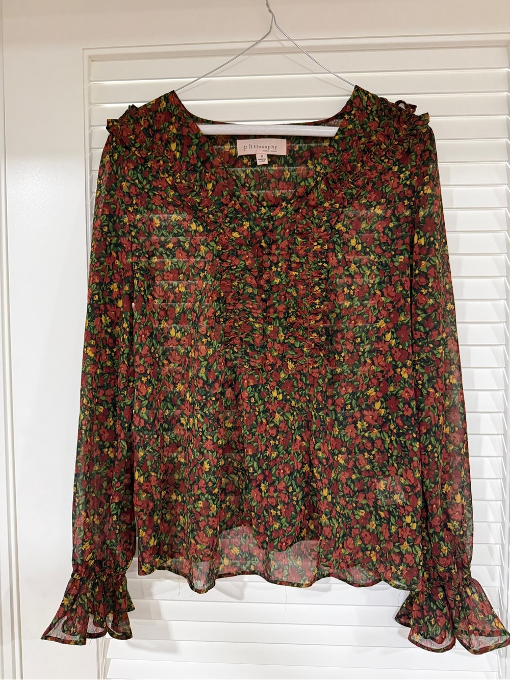 Philosophy Sheer Floral Ruffle Blouse - Red, Green
